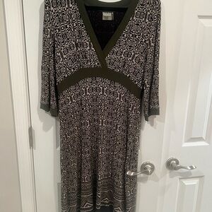 Athleta Olive and Black Patterned V-Neck Midi Dress